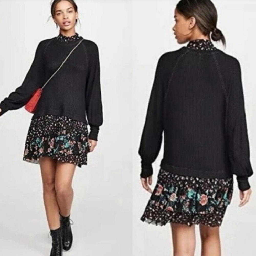 Free people opposites attract mini dress in black floral medium long sleeve - Picture 2 of 7